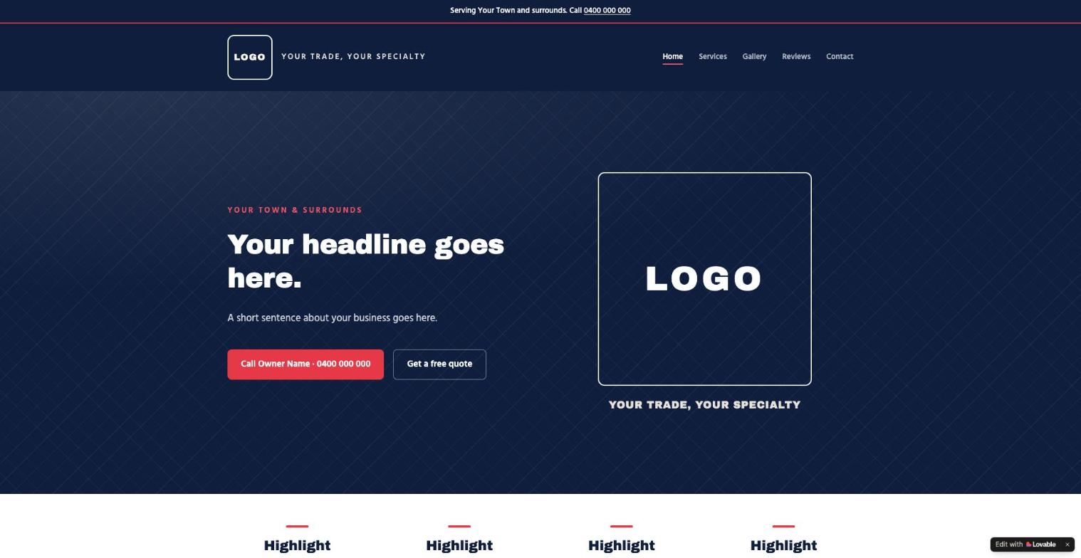 Homepage of a trade business website template