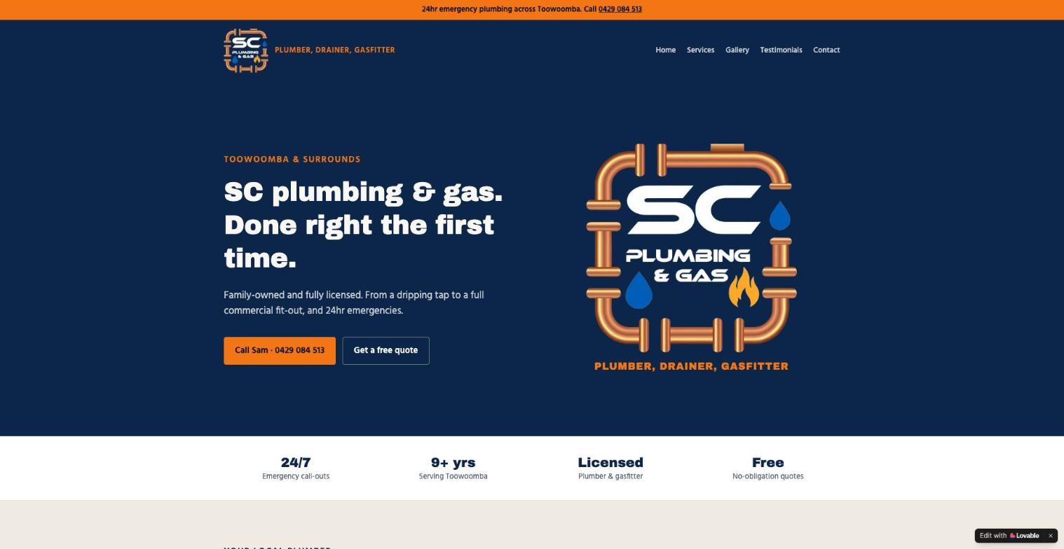 Homepage of a plumbing and gas business website in Toowoomba